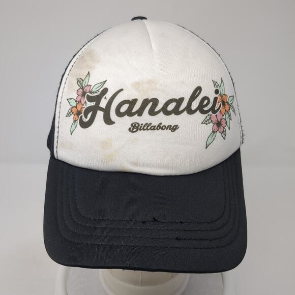 Hanalei Billabong Snapback Trucker Hat Black One Size Mesh Back Flowers - Picture 2 of 9